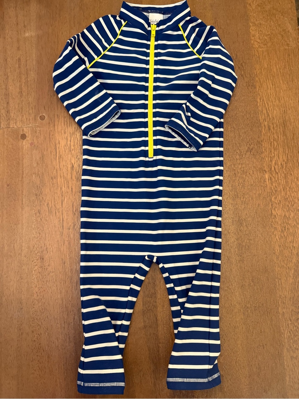 Baby Boden Navy & White Striped Swim Bodysuit with Yellow Zip size 2/3